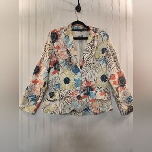 Chico's Women's Multicolor Floral Embroidered 100% Silk Blazer Size M Spring